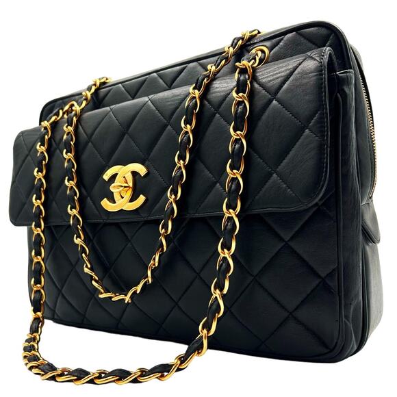 Authentic CHANEL CC Logo LARGE Quilted Lambskin Chain Shoulder Bag Flap Pocket - Picture 2 of 10